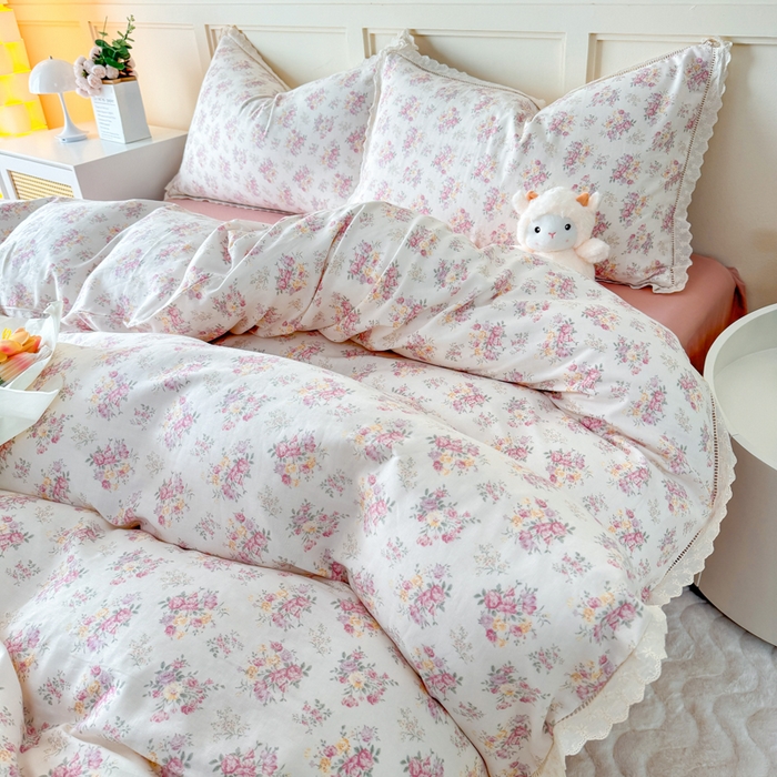 91家纺网 家纺一手货源 找家纺 疆东 【疆东】2026韩版蕾丝花边纯棉全棉双层纱四件套印花纯棉四件套法式赫本木耳花边全棉公主双层纱四件套 白茶