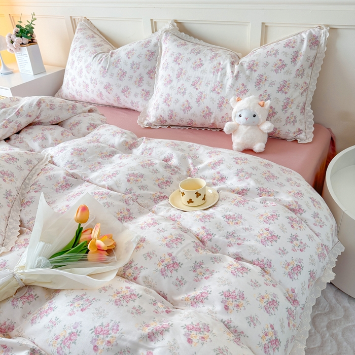 91家纺网 家纺一手货源 找家纺 疆东 【疆东】2026韩版蕾丝花边纯棉全棉双层纱四件套印花纯棉四件套法式赫本木耳花边全棉公主双层纱四件套 白茶