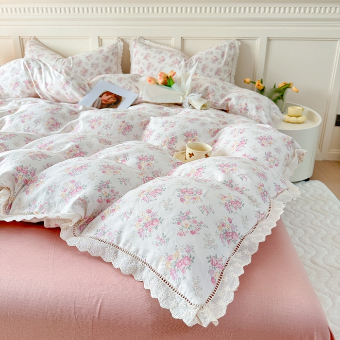 91家纺网 家纺一手货源 找家纺 疆东 【疆东】2026韩版蕾丝花边纯棉全棉双层纱四件套印花纯棉四件套法式赫本木耳花边全棉公主双层纱四件套 白茶