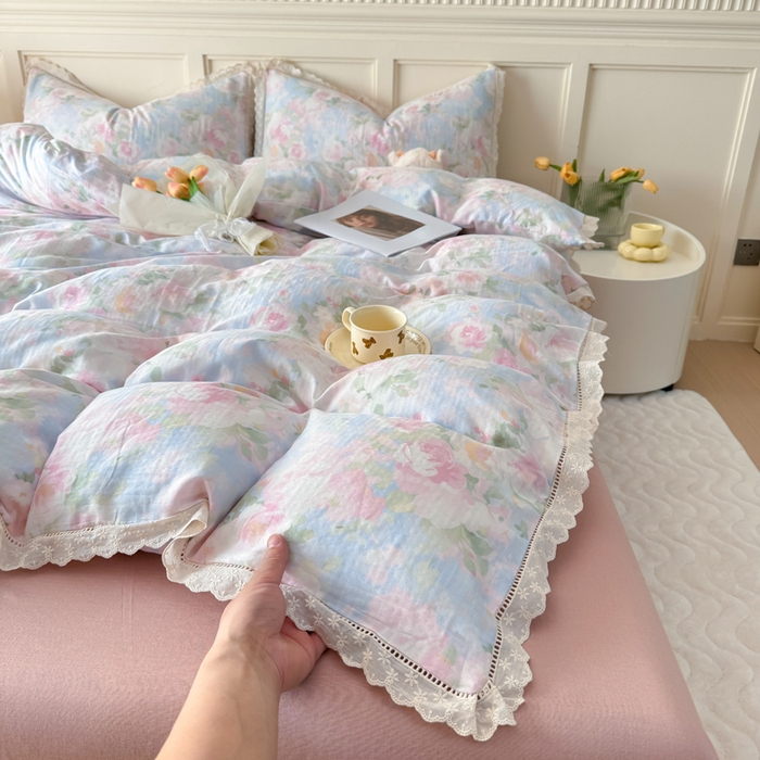 91家纺网 家纺一手货源 找家纺 疆东 【疆东】2026韩版蕾丝花边纯棉全棉双层纱四件套印花纯棉四件套法式赫本木耳花边全棉公主双层纱四件套 白玫瑰