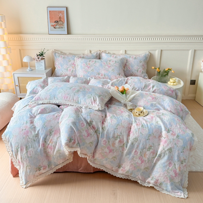 91家纺网 家纺一手货源 找家纺 疆东 【疆东】2026韩版蕾丝花边纯棉全棉双层纱四件套印花纯棉四件套法式赫本木耳花边全棉公主双层纱四件套 白玫瑰