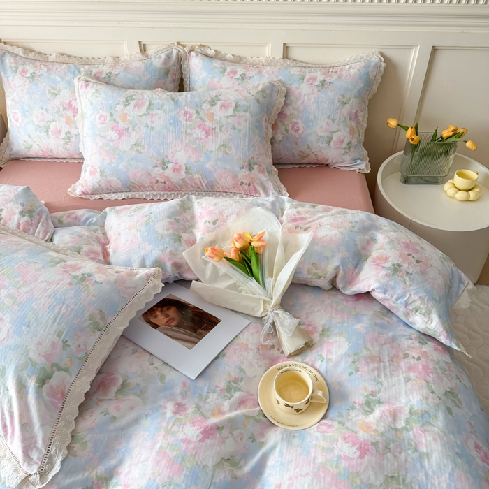 91家纺网 家纺一手货源 找家纺 疆东 【疆东】2026韩版蕾丝花边纯棉全棉双层纱四件套印花纯棉四件套法式赫本木耳花边全棉公主双层纱四件套 白玫瑰