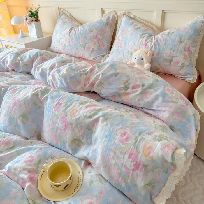 91家纺网 家纺一手货源 找家纺 疆东 【疆东】2026韩版蕾丝花边纯棉全棉双层纱四件套印花纯棉四件套法式赫本木耳花边全棉公主双层纱四件套 白玫瑰