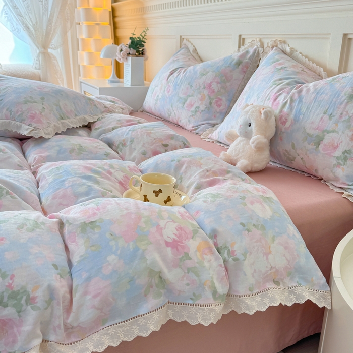 91家纺网 家纺一手货源 找家纺 疆东 【疆东】2026韩版蕾丝花边纯棉全棉双层纱四件套印花纯棉四件套法式赫本木耳花边全棉公主双层纱四件套 白玫瑰