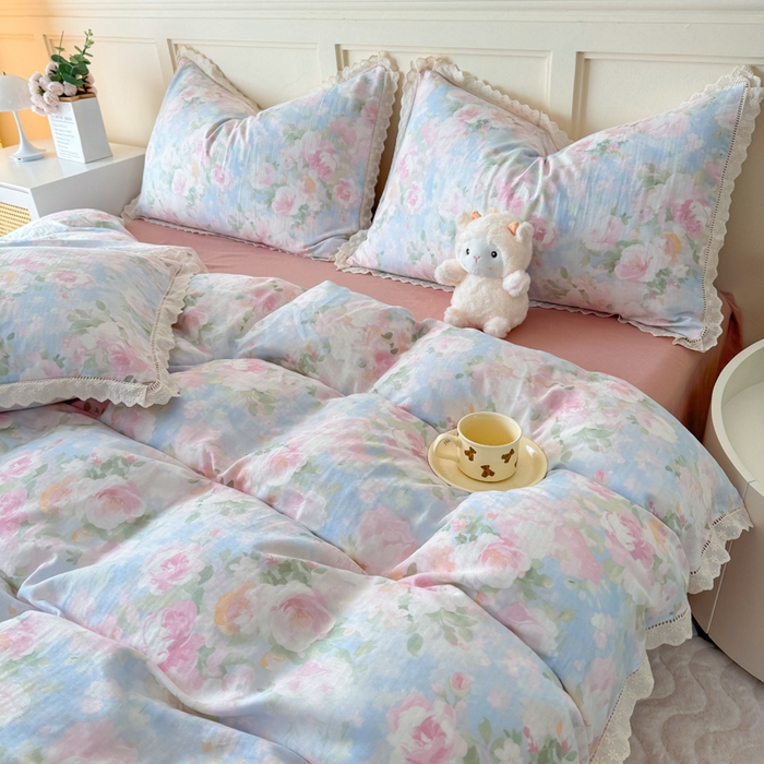 91家纺网 家纺一手货源 找家纺 疆东 【疆东】2026韩版蕾丝花边纯棉全棉双层纱四件套印花纯棉四件套法式赫本木耳花边全棉公主双层纱四件套 白玫瑰