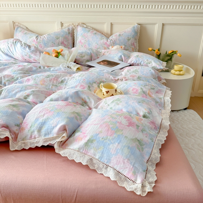 91家纺网 家纺一手货源 找家纺 疆东 【疆东】2026韩版蕾丝花边纯棉全棉双层纱四件套印花纯棉四件套法式赫本木耳花边全棉公主双层纱四件套 白玫瑰