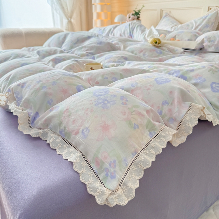 91家纺网 家纺一手货源 找家纺 疆东 【疆东】2026韩版蕾丝花边纯棉全棉双层纱四件套印花纯棉四件套法式赫本木耳花边全棉公主双层纱四件套 暗香