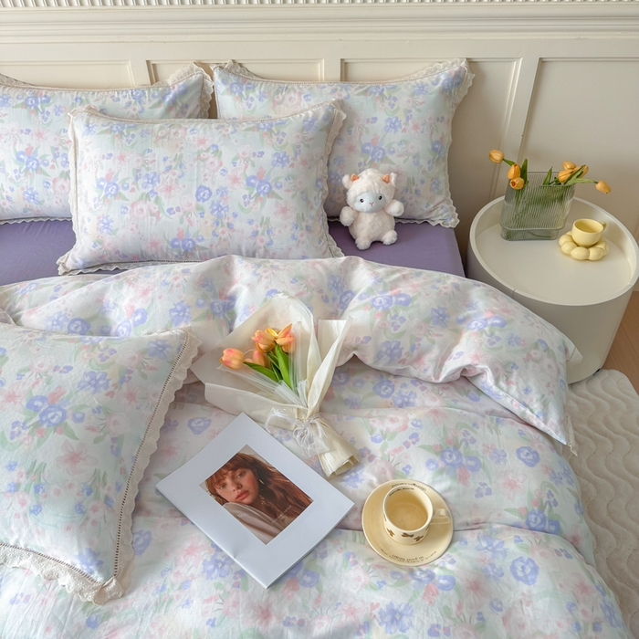 91家纺网 家纺一手货源 找家纺 疆东 【疆东】2026韩版蕾丝花边纯棉全棉双层纱四件套印花纯棉四件套法式赫本木耳花边全棉公主双层纱四件套 暗香