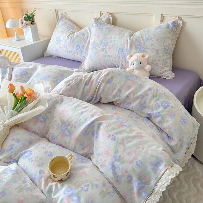 91家纺网 家纺一手货源 找家纺 疆东 【疆东】2026韩版蕾丝花边纯棉全棉双层纱四件套印花纯棉四件套法式赫本木耳花边全棉公主双层纱四件套 暗香