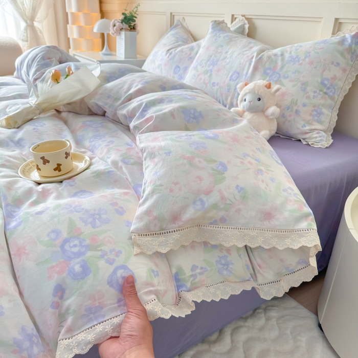 91家纺网 家纺一手货源 找家纺 疆东 【疆东】2026韩版蕾丝花边纯棉全棉双层纱四件套印花纯棉四件套法式赫本木耳花边全棉公主双层纱四件套 暗香