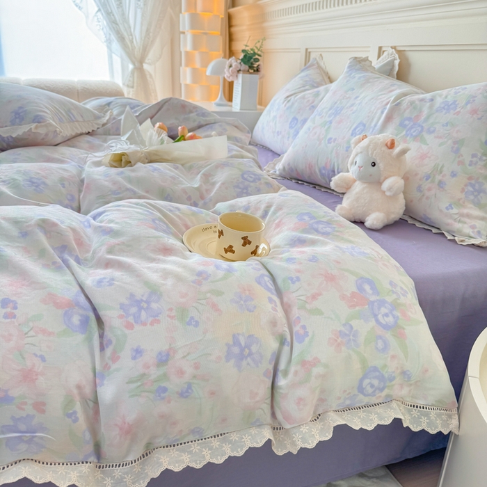 91家纺网 家纺一手货源 找家纺 疆东 【疆东】2026韩版蕾丝花边纯棉全棉双层纱四件套印花纯棉四件套法式赫本木耳花边全棉公主双层纱四件套 暗香