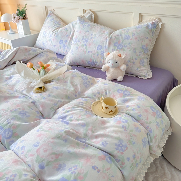 91家纺网 家纺一手货源 找家纺 疆东 【疆东】2026韩版蕾丝花边纯棉全棉双层纱四件套印花纯棉四件套法式赫本木耳花边全棉公主双层纱四件套 暗香