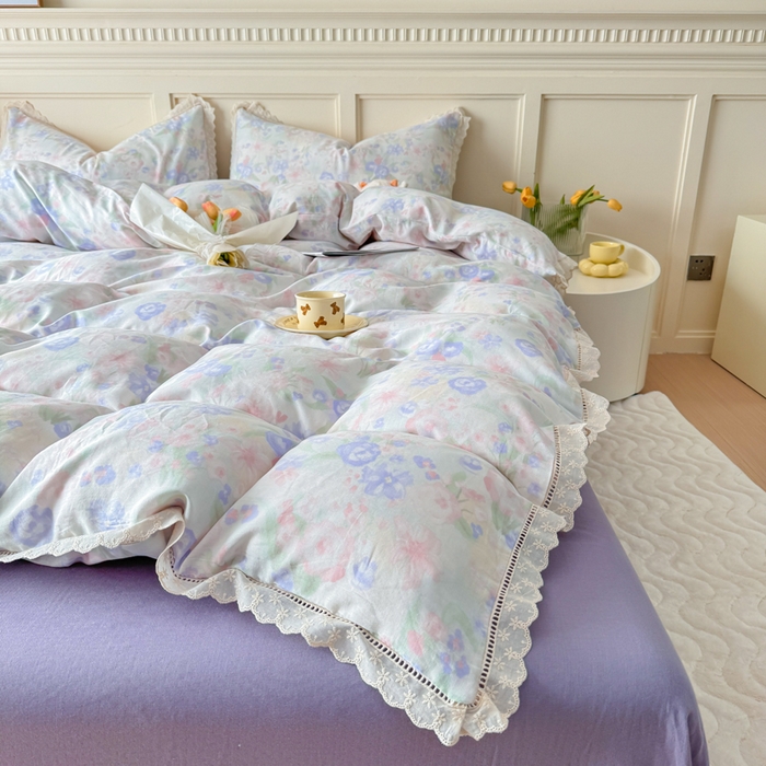 91家纺网 家纺一手货源 找家纺 疆东 【疆东】2026韩版蕾丝花边纯棉全棉双层纱四件套印花纯棉四件套法式赫本木耳花边全棉公主双层纱四件套 暗香