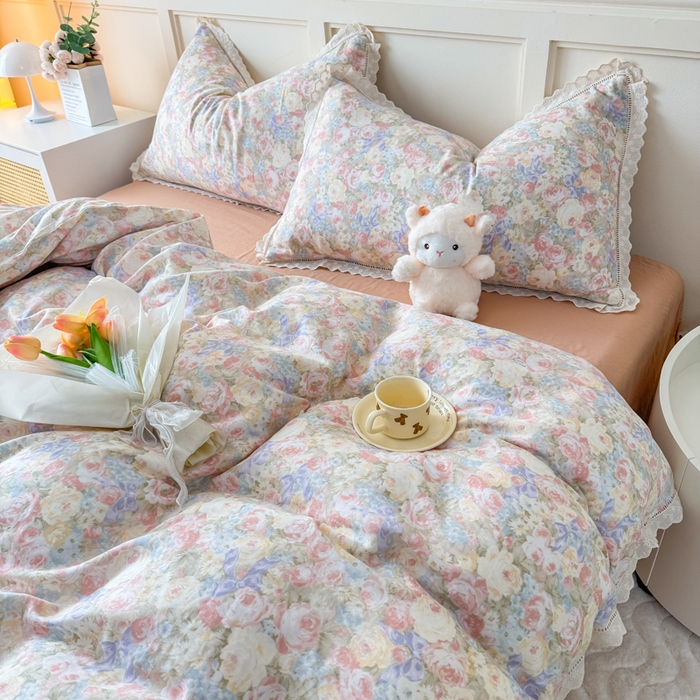 91家纺网 家纺一手货源 找家纺 疆东 【疆东】2026韩版蕾丝花边纯棉全棉双层纱四件套印花纯棉四件套法式赫本木耳花边全棉公主双层纱四件套 玫瑰庄园