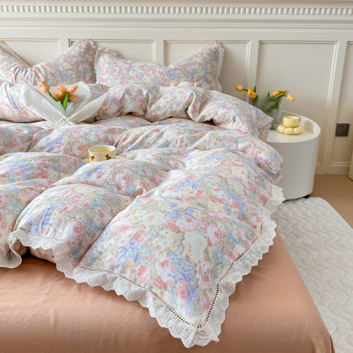 91家纺网 家纺一手货源 找家纺 疆东 【疆东】2026韩版蕾丝花边纯棉全棉双层纱四件套印花纯棉四件套法式赫本木耳花边全棉公主双层纱四件套 玫瑰庄园