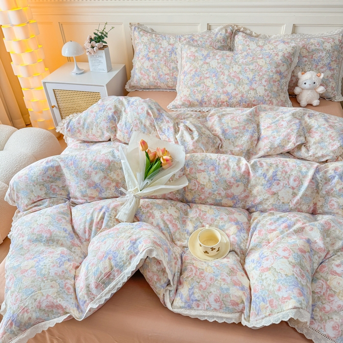 91家纺网 家纺一手货源 找家纺 疆东 【疆东】2026韩版蕾丝花边纯棉全棉双层纱四件套印花纯棉四件套法式赫本木耳花边全棉公主双层纱四件套 玫瑰庄园