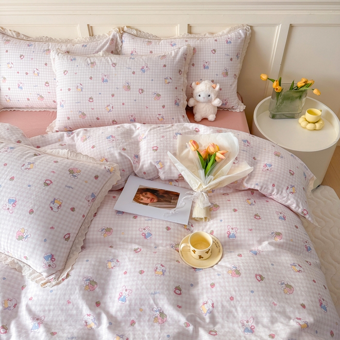 91家纺网 家纺一手货源 找家纺 疆东 【疆东】2026韩版蕾丝花边纯棉全棉双层纱四件套印花纯棉四件套法式赫本木耳花边全棉公主双层纱四件套 甜心小兔粉