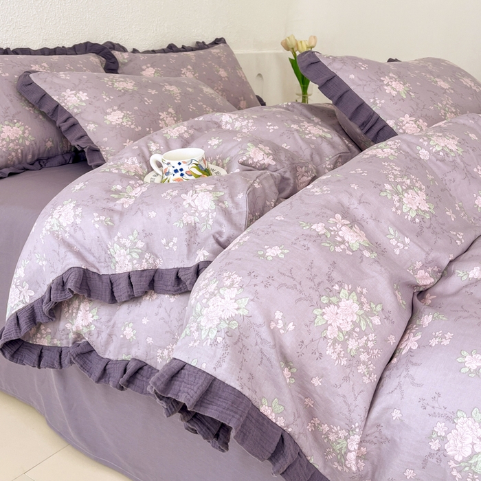 疆东 【疆东】2026韩版蕾丝花边纯棉全棉双层纱四件套印花纯棉四件套法式赫本木耳花边全棉公主双层纱四件套 紫苏