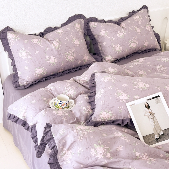 91家纺网 家纺一手货源 找家纺 疆东 【疆东】2026韩版蕾丝花边纯棉全棉双层纱四件套印花纯棉四件套法式赫本木耳花边全棉公主双层纱四件套 紫苏