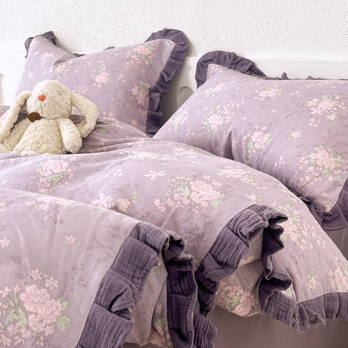 91家纺网 家纺一手货源 找家纺 疆东 【疆东】2026韩版蕾丝花边纯棉全棉双层纱四件套印花纯棉四件套法式赫本木耳花边全棉公主双层纱四件套 紫苏