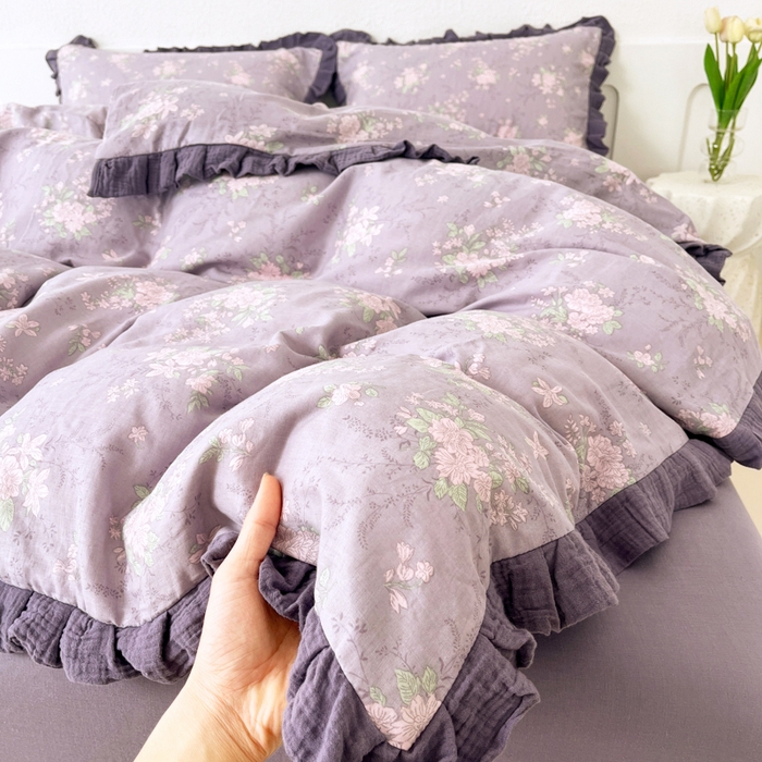 91家纺网 家纺一手货源 找家纺 疆东 【疆东】2026韩版蕾丝花边纯棉全棉双层纱四件套印花纯棉四件套法式赫本木耳花边全棉公主双层纱四件套 紫苏