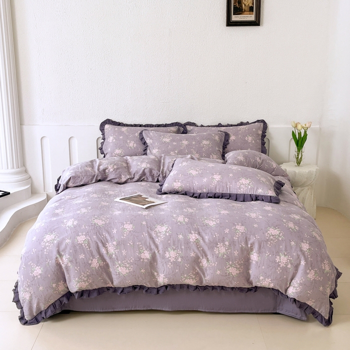 91家纺网 家纺一手货源 找家纺 疆东 【疆东】2026韩版蕾丝花边纯棉全棉双层纱四件套印花纯棉四件套法式赫本木耳花边全棉公主双层纱四件套 紫苏