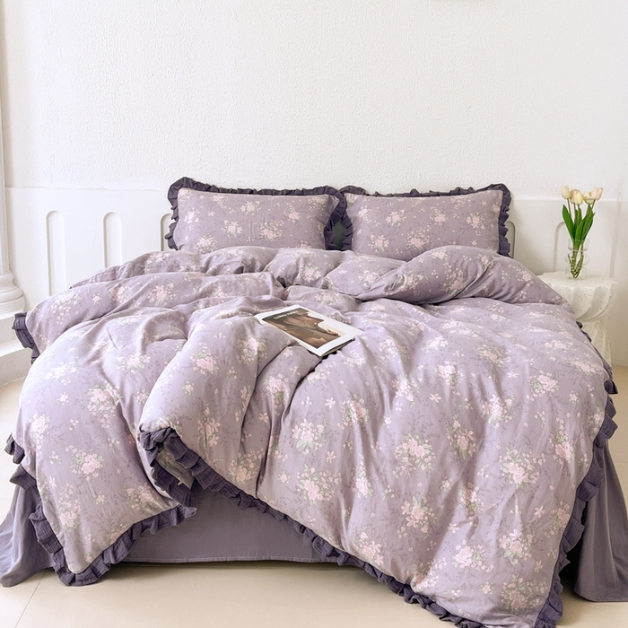 91家纺网 家纺一手货源 找家纺 疆东 【疆东】2026韩版蕾丝花边纯棉全棉双层纱四件套印花纯棉四件套法式赫本木耳花边全棉公主双层纱四件套 紫苏