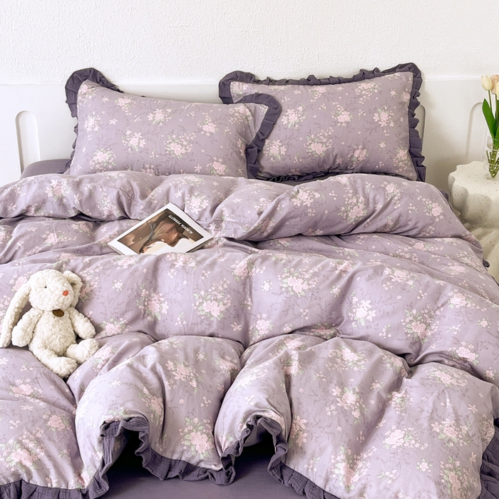 91家纺网 家纺一手货源 找家纺 疆东 【疆东】2026韩版蕾丝花边纯棉全棉双层纱四件套印花纯棉四件套法式赫本木耳花边全棉公主双层纱四件套 紫苏