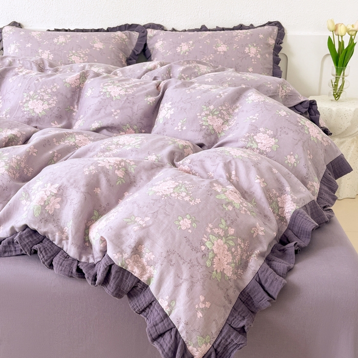 91家纺网 家纺一手货源 找家纺 疆东 【疆东】2026韩版蕾丝花边纯棉全棉双层纱四件套印花纯棉四件套法式赫本木耳花边全棉公主双层纱四件套 紫苏