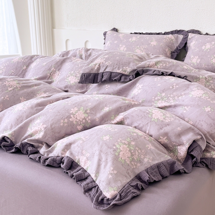 91家纺网 家纺一手货源 找家纺 疆东 【疆东】2026韩版蕾丝花边纯棉全棉双层纱四件套印花纯棉四件套法式赫本木耳花边全棉公主双层纱四件套 紫苏