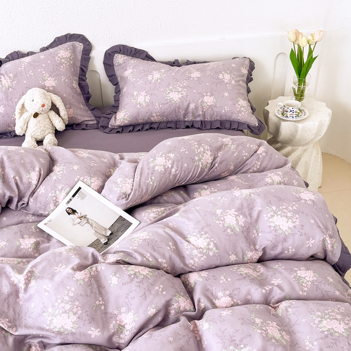 91家纺网 家纺一手货源 找家纺 疆东 【疆东】2026韩版蕾丝花边纯棉全棉双层纱四件套印花纯棉四件套法式赫本木耳花边全棉公主双层纱四件套 紫苏