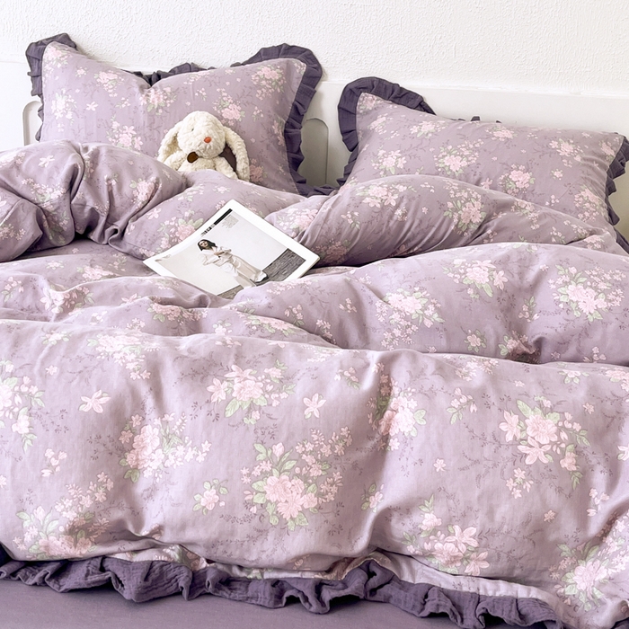 91家纺网 家纺一手货源 找家纺 疆东 【疆东】2026韩版蕾丝花边纯棉全棉双层纱四件套印花纯棉四件套法式赫本木耳花边全棉公主双层纱四件套 紫苏