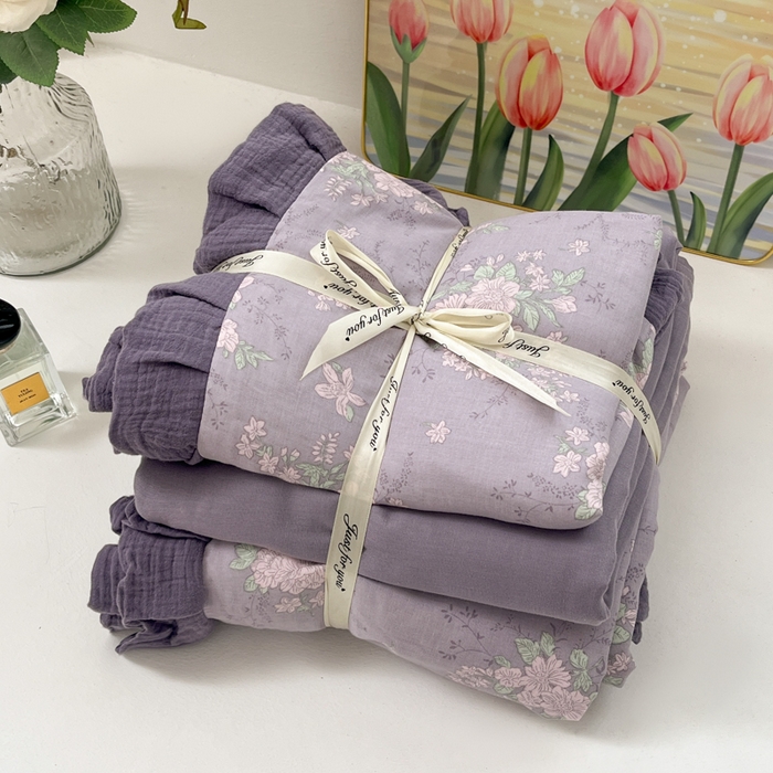 91家纺网 家纺一手货源 找家纺 疆东 【疆东】2026韩版蕾丝花边纯棉全棉双层纱四件套印花纯棉四件套法式赫本木耳花边全棉公主双层纱四件套 紫苏