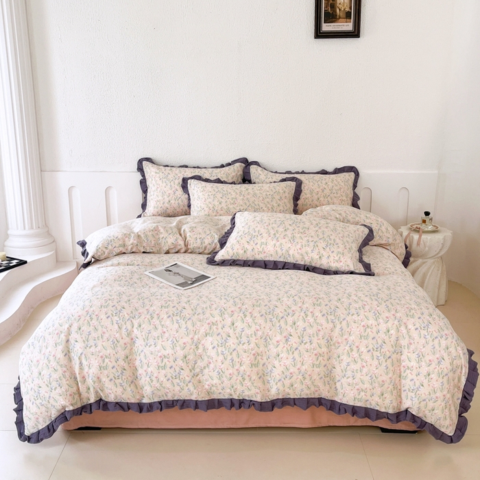 91家纺网 家纺一手货源 找家纺 疆东 【疆东】2026韩版蕾丝花边纯棉全棉双层纱四件套印花纯棉四件套法式赫本木耳花边全棉公主双层纱四件套 小苍兰