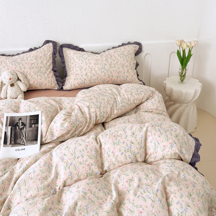 91家纺网 家纺一手货源 找家纺 疆东 【疆东】2026韩版蕾丝花边纯棉全棉双层纱四件套印花纯棉四件套法式赫本木耳花边全棉公主双层纱四件套 小苍兰