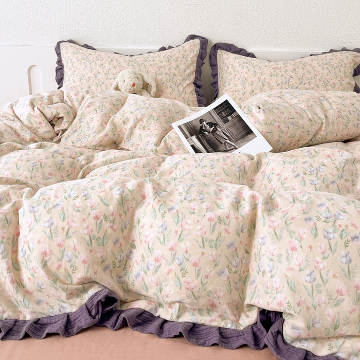 91家纺网 家纺一手货源 找家纺 疆东 【疆东】2026韩版蕾丝花边纯棉全棉双层纱四件套印花纯棉四件套法式赫本木耳花边全棉公主双层纱四件套 小苍兰