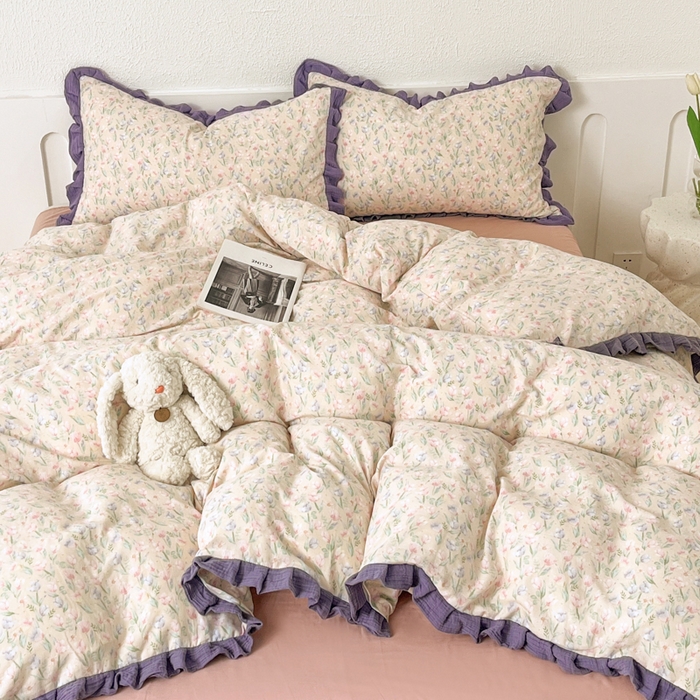 91家纺网 家纺一手货源 找家纺 疆东 【疆东】2026韩版蕾丝花边纯棉全棉双层纱四件套印花纯棉四件套法式赫本木耳花边全棉公主双层纱四件套 小苍兰