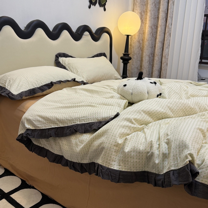 91家纺网 家纺一手货源 找家纺 疆东 【疆东】2026韩版蕾丝花边纯棉全棉双层纱四件套印花纯棉四件套法式赫本木耳花边全棉公主双层纱四件套 波点绿