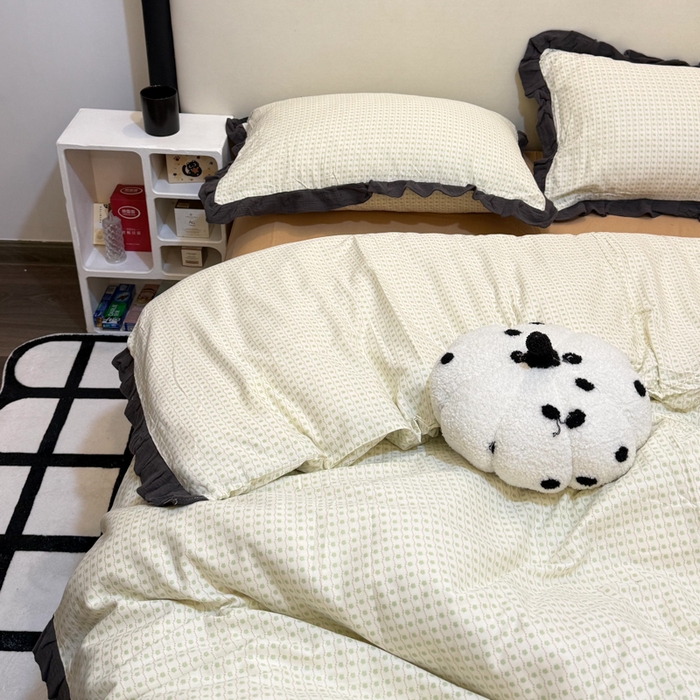 91家纺网 家纺一手货源 找家纺 疆东 【疆东】2026韩版蕾丝花边纯棉全棉双层纱四件套印花纯棉四件套法式赫本木耳花边全棉公主双层纱四件套 波点绿