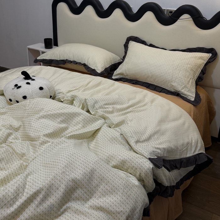 91家纺网 家纺一手货源 找家纺 疆东 【疆东】2026韩版蕾丝花边纯棉全棉双层纱四件套印花纯棉四件套法式赫本木耳花边全棉公主双层纱四件套 波点绿