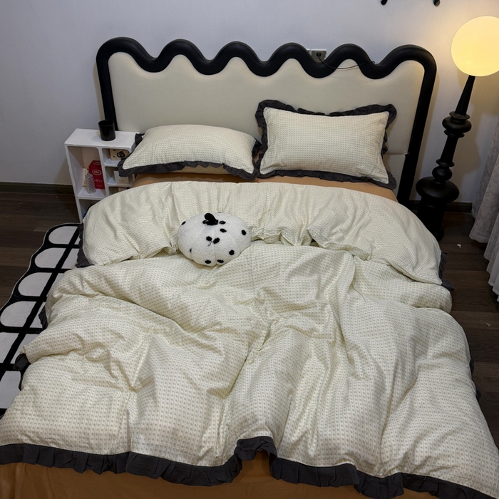 91家纺网 家纺一手货源 找家纺 疆东 【疆东】2026韩版蕾丝花边纯棉全棉双层纱四件套印花纯棉四件套法式赫本木耳花边全棉公主双层纱四件套 波点绿