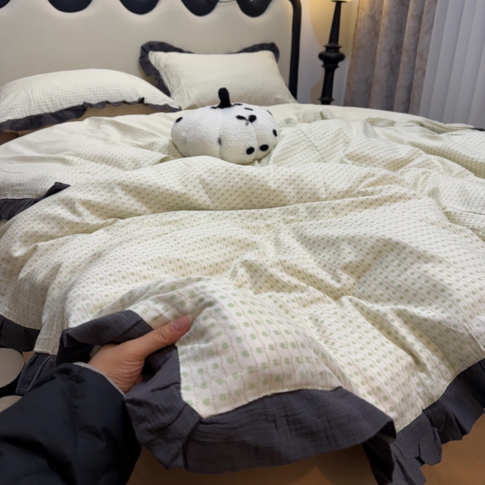 91家纺网 家纺一手货源 找家纺 疆东 【疆东】2026韩版蕾丝花边纯棉全棉双层纱四件套印花纯棉四件套法式赫本木耳花边全棉公主双层纱四件套 波点绿