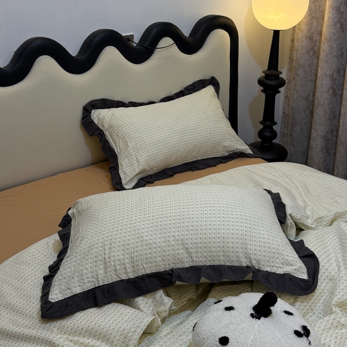 91家纺网 家纺一手货源 找家纺 疆东 【疆东】2026韩版蕾丝花边纯棉全棉双层纱四件套印花纯棉四件套法式赫本木耳花边全棉公主双层纱四件套 波点绿