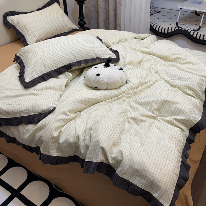 91家纺网 家纺一手货源 找家纺 疆东 【疆东】2026韩版蕾丝花边纯棉全棉双层纱四件套印花纯棉四件套法式赫本木耳花边全棉公主双层纱四件套 波点绿