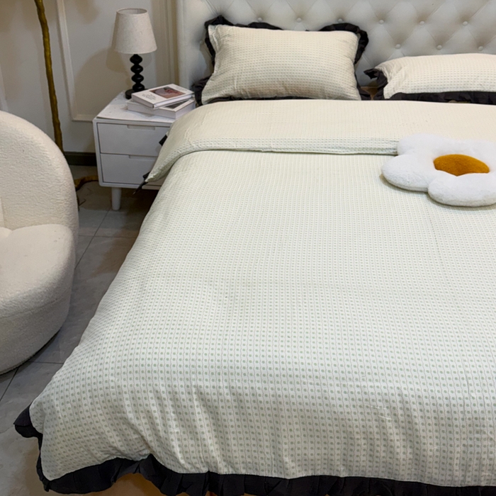 91家纺网 家纺一手货源 找家纺 疆东 【疆东】2026韩版蕾丝花边纯棉全棉双层纱四件套印花纯棉四件套法式赫本木耳花边全棉公主双层纱四件套 波点绿