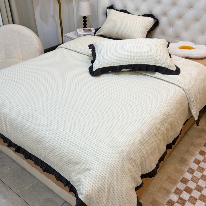 91家纺网 家纺一手货源 找家纺 疆东 【疆东】2026韩版蕾丝花边纯棉全棉双层纱四件套印花纯棉四件套法式赫本木耳花边全棉公主双层纱四件套 波点绿