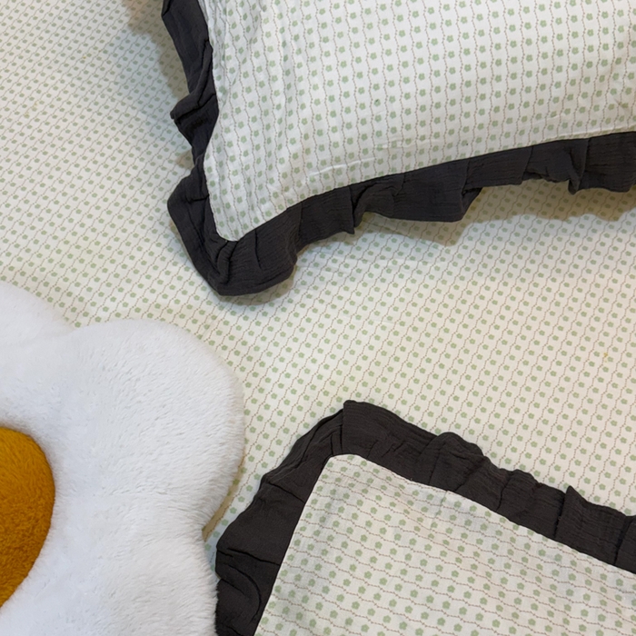 91家纺网 家纺一手货源 找家纺 疆东 【疆东】2026韩版蕾丝花边纯棉全棉双层纱四件套印花纯棉四件套法式赫本木耳花边全棉公主双层纱四件套 波点绿