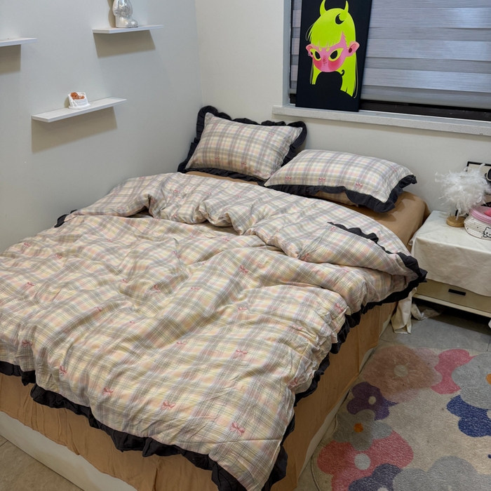 91家纺网 家纺一手货源 找家纺 疆东 【疆东】2026韩版蕾丝花边纯棉全棉双层纱四件套印花纯棉四件套法式赫本木耳花边全棉公主双层纱四件套 蝴蝶结粉