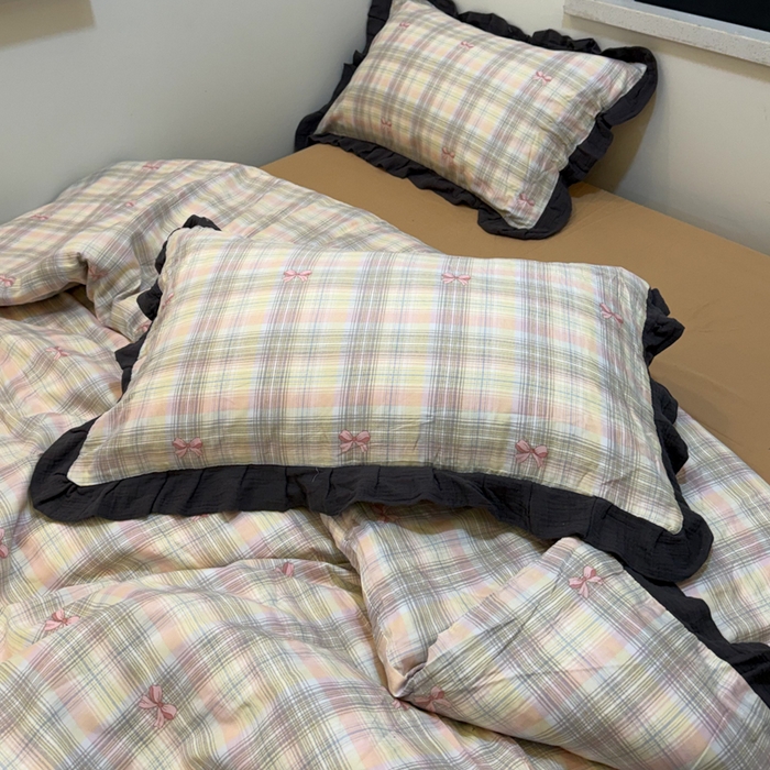 91家纺网 家纺一手货源 找家纺 疆东 【疆东】2026韩版蕾丝花边纯棉全棉双层纱四件套印花纯棉四件套法式赫本木耳花边全棉公主双层纱四件套 蝴蝶结粉