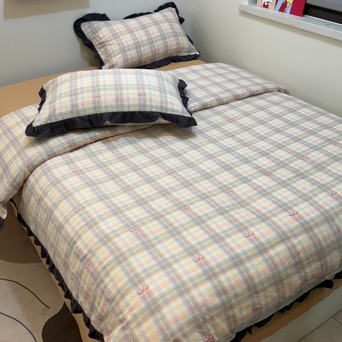 91家纺网 家纺一手货源 找家纺 疆东 【疆东】2026韩版蕾丝花边纯棉全棉双层纱四件套印花纯棉四件套法式赫本木耳花边全棉公主双层纱四件套 蝴蝶结粉